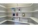 Walk-in pantry featuring white shelves with various food and household items neatly arranged at 5635 Paragon Cir, Durham, NC 27712
