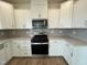 Close-up of a contemporary kitchen, showcasing stainless steel stove and microwave, and sleek countertops at 116 Willow Cameron Way, Angier, NC 27501
