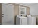 Laundry room with white washer and dryer next to back door at 121 Hamilton St, Henderson, NC 27536