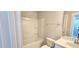 Bathroom featuring a shower-tub combo and vanity with a white countertop at 1905 Plott Balsam Dr, Wendell, NC 27591