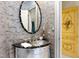 Unique powder room with decorative wallpaper, a modern vessel sink, and custom door at 2658 Davis St, Raleigh, NC 27608