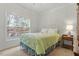 Cozy bedroom with a bed, a nightstand, and a window overlooking the backyard at 3025 Osterley St, Raleigh, NC 27614