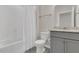 Bathroom features a shower/tub combo, toilet, and gray vanity with granite countertop at 3512 Dragonfly River Ct, Raleigh, NC 27604