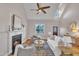 Inviting living room with high ceilings, fireplace, comfortable seating, lots of natural light, and hardwood floors at 8116 Hartwood Glen Cir, Willow Springs, NC 27592