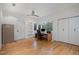 Minimalist office space featuring built-in shelves and a large window overlooking the yard at 1018 Terrell Woods Ln, Chapel Hill, NC 27516