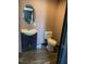 A bathroom has a unique oval mirror, sleek vanity, and a classic white toilet against soft pink walls at 1204 Avondale Dr, Burlington, NC 27217
