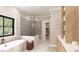 Modern bathroom showcasing a soaking tub, glass shower, neutral tile, and ample natural light from the window at 2600 Banks Rd # 1, Raleigh, NC 27603