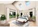 Bright main bedroom boasts vaulted ceilings, skylights, plush rug, and large windows overlooking the backyard at 2600 Banks Rd # 1, Raleigh, NC 27603