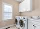 Bright laundry room features a washer, dryer, utility sink, and ample storage cabinets above at 4270 Aviemore Run, Burlington, NC 27215