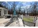 White brick exterior with large patio, outdoor furniture, and white railing, perfect for entertaining at 1002 Pleasant Dr, Mebane, NC 27302