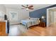 Serene bedroom with a blue accent wall, hardwood floors, and a ceiling fan at 1107 S 2Nd St, Smithfield, NC 27577
