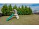 Backyard with a wooden playset and slide surrounded by mature evergreen trees and green grass at 416 Granite Saddle Dr, Rolesville, NC 27571