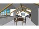 Rendering of a living room featuring an exposed ceiling and lots of natural light through large windows at 709 North St, Durham, NC 27701