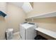 Practical laundry room with efficient washer and dryer, ample storage shelves for supplies at 20 Crane Dr, Louisburg, NC 27549