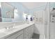 Bright bathroom with double sinks, white cabinets, and a glass-enclosed shower at 2147 Wake Dr, Raleigh, NC 27608
