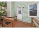 Cozy back porch features wood railings and entry door to home at 621 Bashford Rd, Raleigh, NC 27606