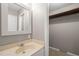 Well-lit bathroom featuring a vanity with a mirror and walk-in closet at 621 Bashford Rd, Raleigh, NC 27606