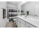 Well-lit bathroom boasts a modern vanity, full mirror, and shower with curtain at 2959 Sunflower Rd, Apex, NC 27502