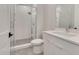 This bathroom features a modern vanity with a white countertop and a glass-enclosed shower with gray tiling at 777 Willard St, Durham, NC 27701