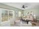 Bright living room featuring neutral decor, a ceiling fan, large windows, and a sliding glass door at 113 Callowhill Ln, Durham, NC 27713