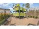 Playground area with unique treehouse themed play structure, wood chip ground cover and fencing at 113 Callowhill Ln, Durham, NC 27713