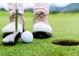 Close-up view of a golf ball near the hole on a lush green golf course, showcasing the community's recreational amenities at 162 Lookout Rdg # 677, Pittsboro, NC 27312