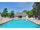 View of a sparkling community pool with plenty of seating and lush surrounding trees at 2114 Frissell Ave, Apex, NC 27502