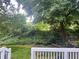 View of a leafy backyard with a white railing, offering serene outdoor space and natural beauty at 2820 Bedfordshire Ct, Raleigh, NC 27604