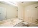 Bright bathroom featuring a vanity, mirror, toilet, and a shower-tub combination, all in a clean, neutral palette at 4120 Standing Rock Way, Raleigh, NC 27604
