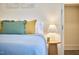 Bright bedroom showcasing a comfortable bed with stylish pillows and bedside table with lamp at 723 Holloway St, Durham, NC 27701