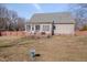 View of home's backyard, patio, bird bath and treed perimeter at 100 Watkins Farm Rd, Rolesville, NC 27571