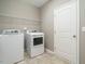 Functional laundry room with tile flooring, shelving, and appliances at 1113 Crendall Way, Wake Forest, NC 27587