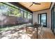 Covered patio with wood plank ceiling, and a screen wall showing backyard and outdoor dining space at 1406 Lyon St # 101, Raleigh, NC 27608