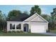 Charming single-story home with gray siding, a two-car garage, and professionally landscaped front yard at 160 Scenic Rock Dr, Youngsville, NC 27596