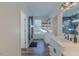 Bathroom featuring glass shower, tiled floor, and double vanity at 5171 S River Rd, Lillington, NC 27546