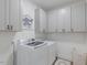 A functional laundry room with white cabinetry, modern washer and dryer, and stylish decor at 5171 S River Rd, Lillington, NC 27546