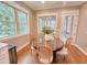 Bright breakfast nook surrounded by windows with natural light, hardwood floors, and cozy dining set at 98102 Drummond, Chapel Hill, NC 27517