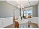 Cozy dining room featuring wood floors, white wainscoting, a chandelier, and a large window with views at 109 Perignon Dr, Princeton, NC 27569