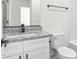 Modern bathroom with granite countertop, dark faucet, white cabinets and white toilet at 603 Lee St, Burlington, NC 27217