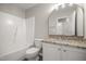 Bathroom featuring single vanity with granite countertops, toilet, and shower at 711 Keystone Park Dr # 51, Morrisville, NC 27560