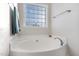 Bathroom featuring a large soaking tub situated beneath a decorative window with a view at 4204 Vineyard Ridge Dr, Zebulon, NC 27597