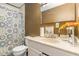Bathroom featuring decorative shower curtain and a single sink vanity at 5848 Yates Mill Pond Rd, Raleigh, NC 27606