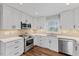 Kitchen with stainless appliances, white cabinets, and modern backsplash at 7103 Big Horn Dr, Hillsborough, NC 27278
