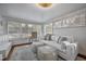 Sunlit living room featuring a comfortable white sofa, stylish ottomans, area rug, and large bright windows at 2836 Oberlin Rd, Raleigh, NC 27608