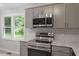 Kitchen featuring stainless steel appliances, gray cabinets and a window at 1213 Freeman Dr, Sanford, NC 27330