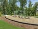 Community playground with climbing structure, slide, and bench surrounded by trees at 235 Augusta Pond Way # 161, Raleigh, NC 27603