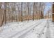 Snow covered backyard with bare trees and wooden fence in the distance at 3412 Hackney Ct, Raleigh, NC 27613