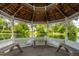 Gazebo interior with bench seating and scenic views of the lake and surrounding properties at 601 Walcott Way, Cary, NC 27519