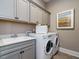Well-organized laundry room features modern washer and dryer, ample cabinetry and sink with countertop at 1005 Keith Rd, Wake Forest, NC 27587