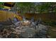 Twilight backyard fire pit area with Adirondack chairs and wooden fence, ideal for outdoor gatherings at 3506 Bellevue Rd, Raleigh, NC 27609